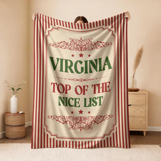 Your Name Nice List Red Striped Christmas Fleece Blanket VIRGINIA 13K1 BK60