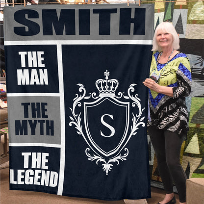 The Man The Myth The Legend Navy Gray & Gold Fleece Blanket  SMITH 13K1 BK09