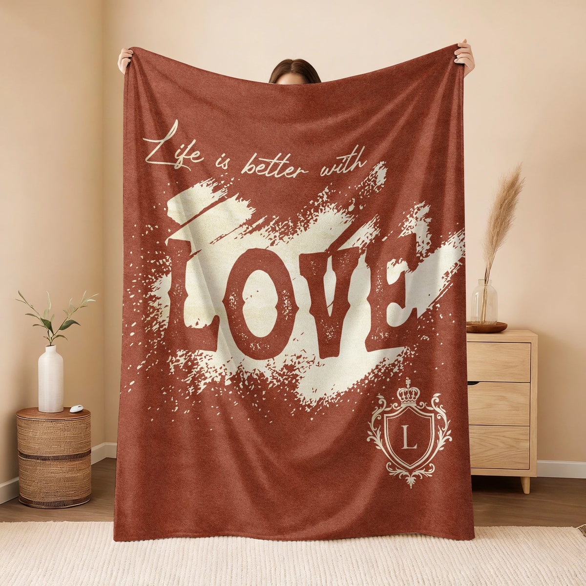 Life Is Better With Your Name Terracotta Cream Fleece Blanket LOVE 13K1 BK30
