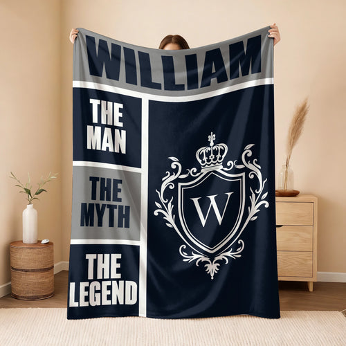 The Man The Myth The Legend Navy Gray & Gold Fleece Blanket  WILLIAM 13K1 BK09