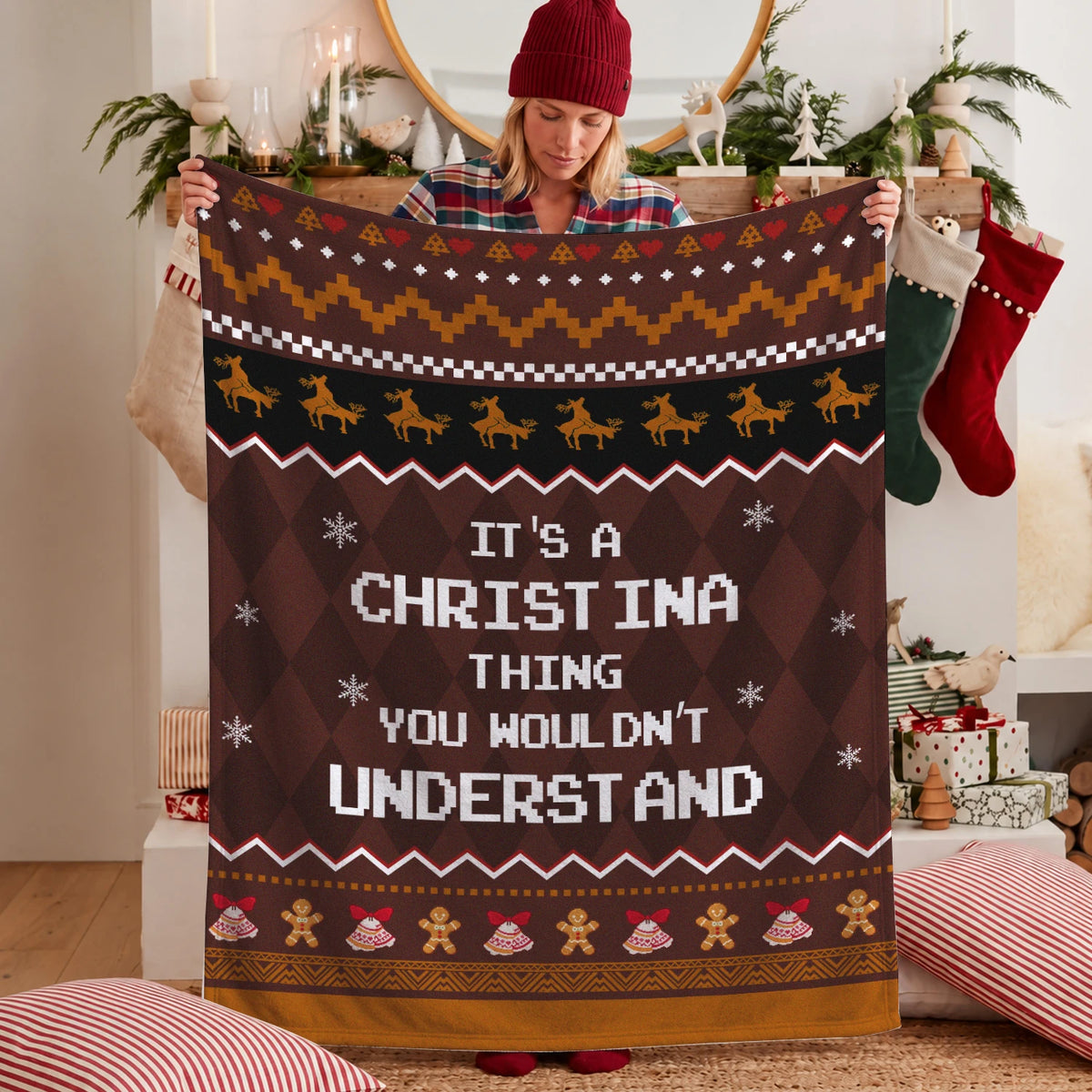 Your Name Thing Funny Deer Brown Christmas Fleece Blanket CHRISTINA 13K1 BK27