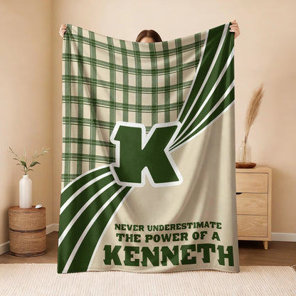 Never Underestimate Your Name Green & Cream Plaid Fleece Blanket KENNETH 13K1 BK50
