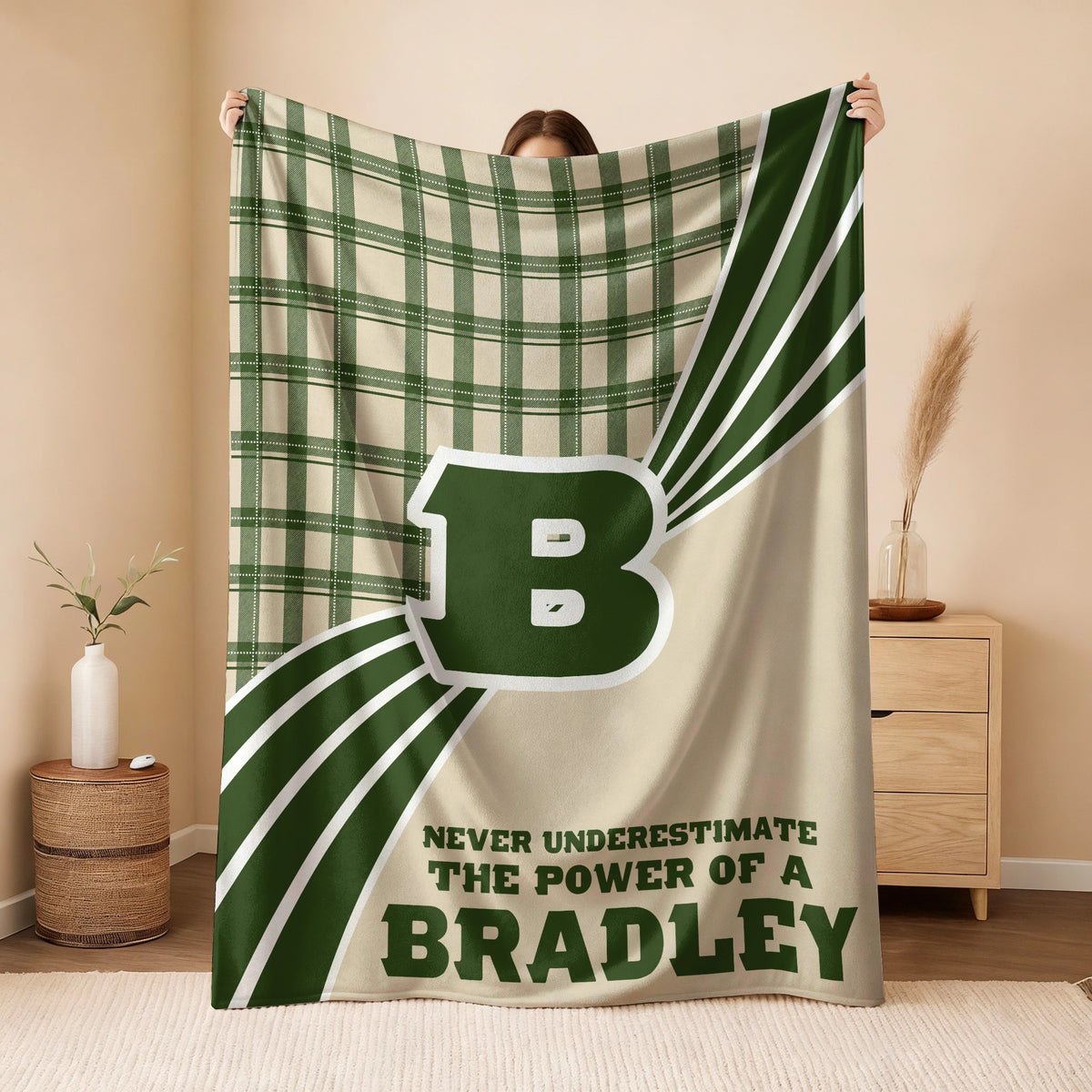 Never Underestimate Your Name Green & Cream Plaid Fleece Blanket BRADLEY 13K1 BK50