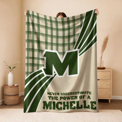 Never Underestimate Your Name Green & Cream Plaid Fleece Blanket MICHELLE 13K1 BK50