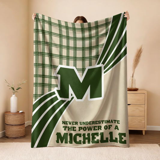 Never Underestimate Your Name Green & Cream Plaid Fleece Blanket MICHELLE 13K1 BK50