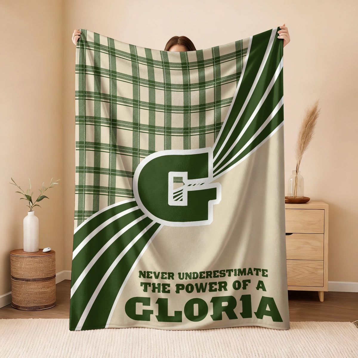 Never Underestimate Your Name Green & Cream Plaid Fleece Blanket GLORIA 13K1 BK50