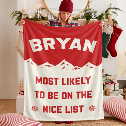 Most Likely on the Nice List Red Vintage Christmas Fleece Blanket BRYAN 13K1 BK63