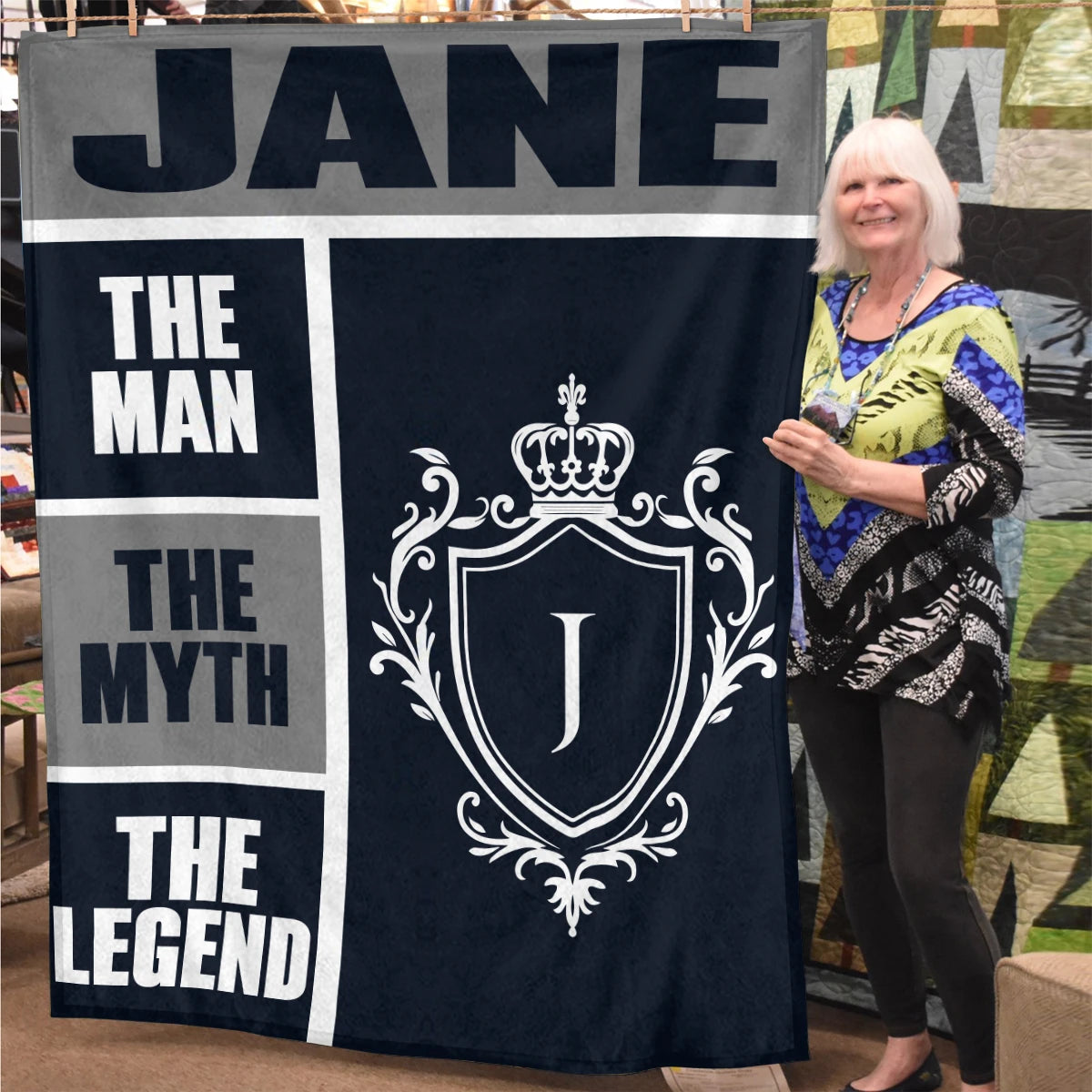 The Man The Myth The Legend Navy Gray & Gold Fleece Blanket  JANE 13K1 BK09