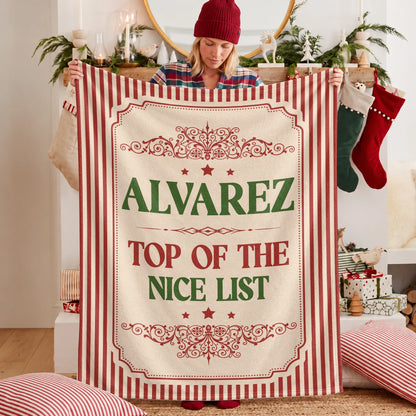 Your Name Nice List Red Striped Christmas Fleece Blanket ALVAREZ 13K1 BK60