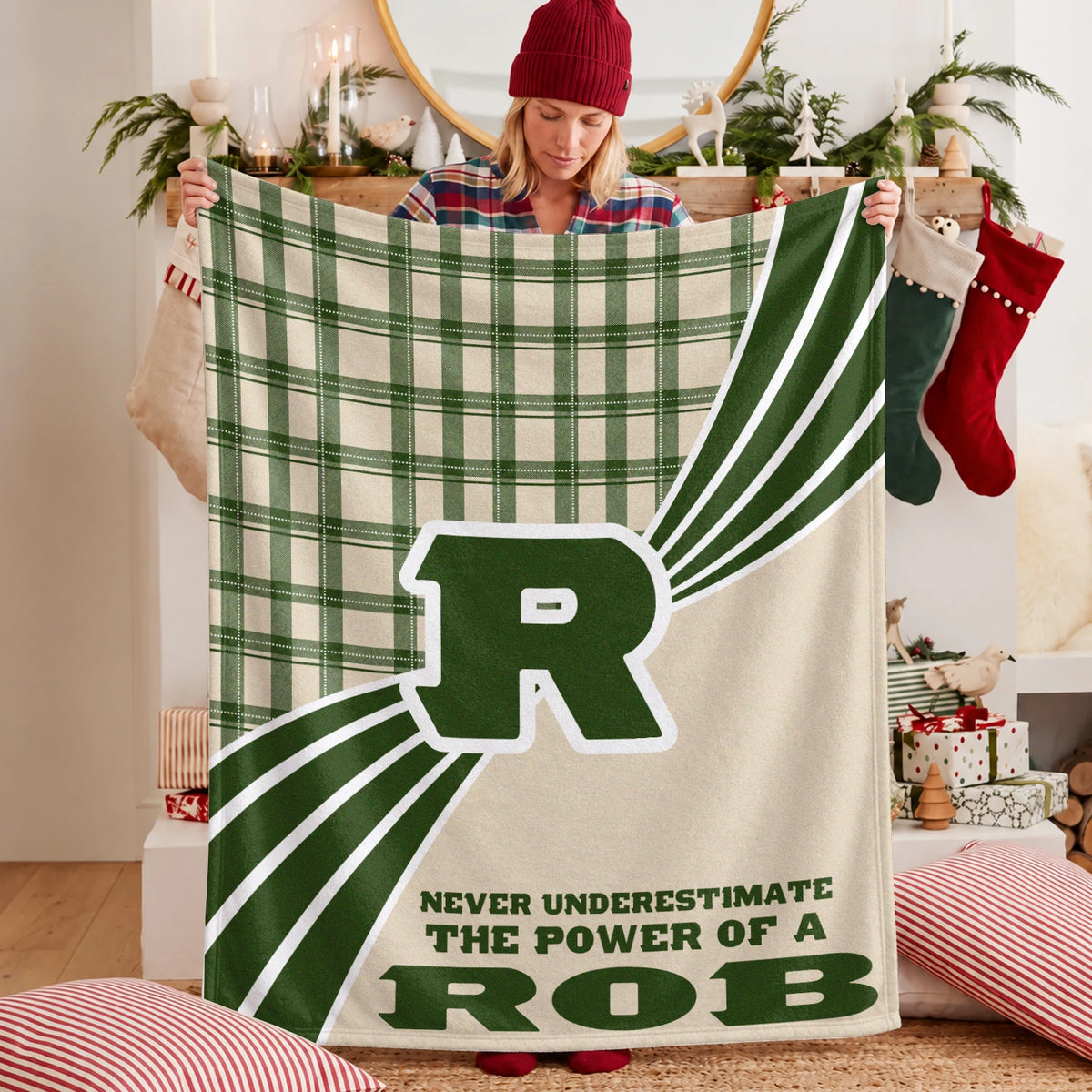 Never Underestimate Your Name Green & Cream Plaid Fleece Blanket ROB 13K1 BK50
