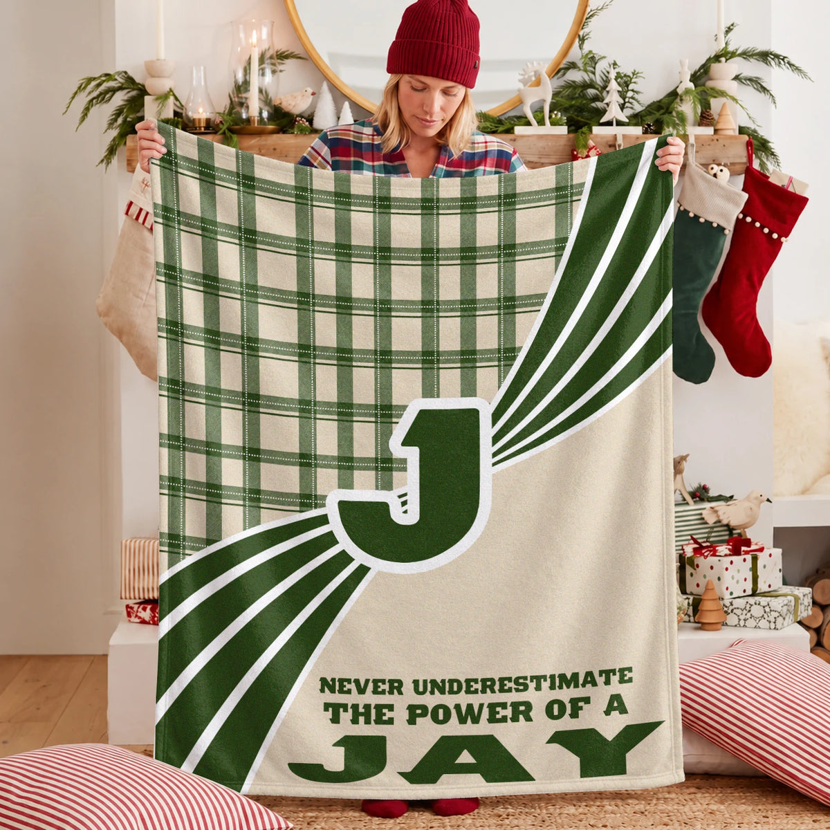 Never Underestimate Your Name Green & Cream Plaid Fleece Blanket JAY 13K1 BK50