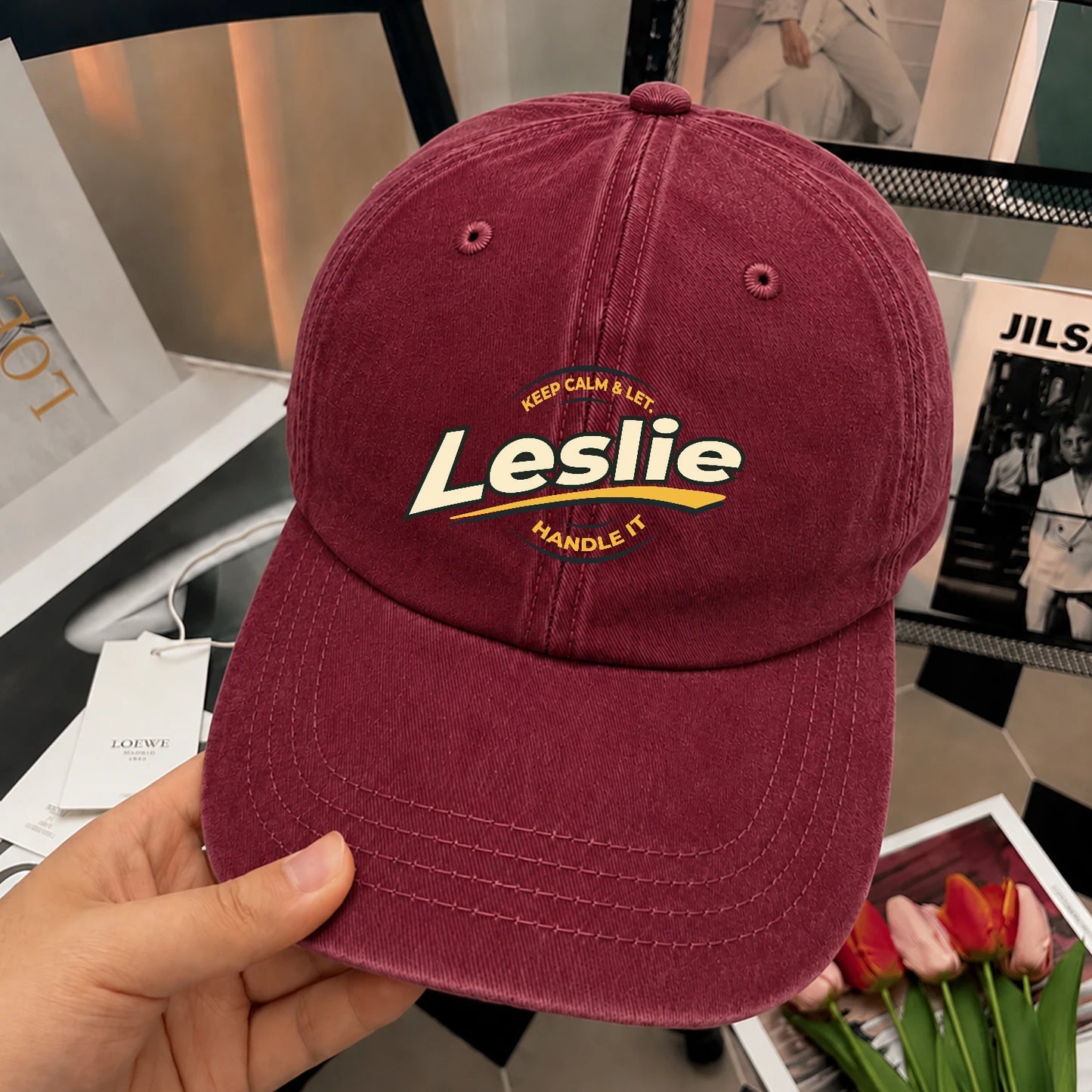 Keep Calm & Let Your Name Handle It Burgundy Washed Cap LESLIE 13K1 C105PF
