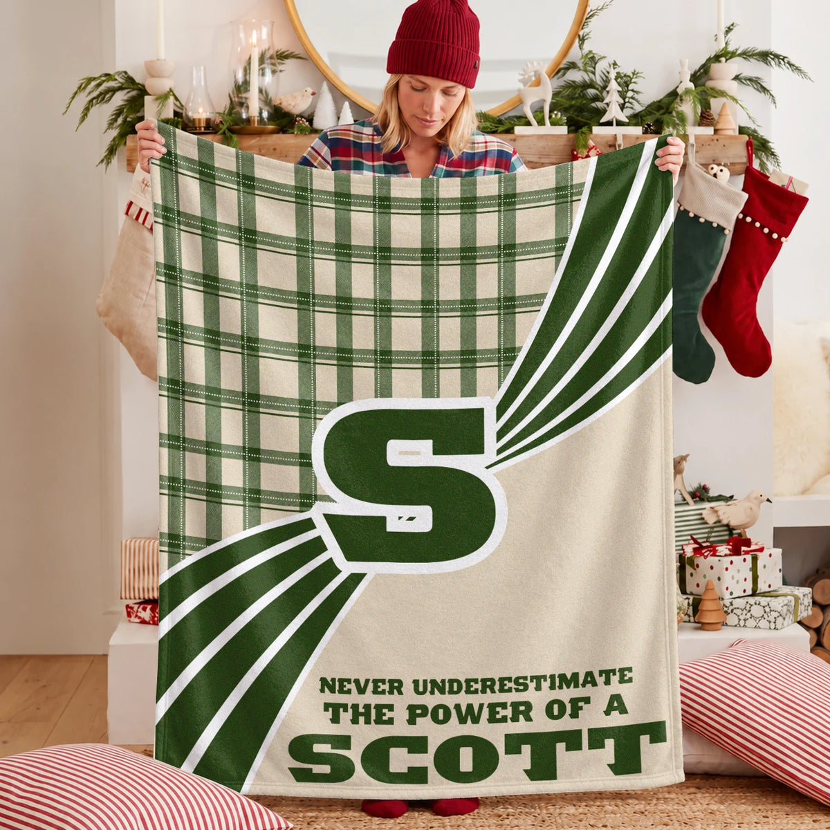 Never Underestimate Your Name Green & Cream Plaid Fleece Blanket SCOTT 13K1 BK50