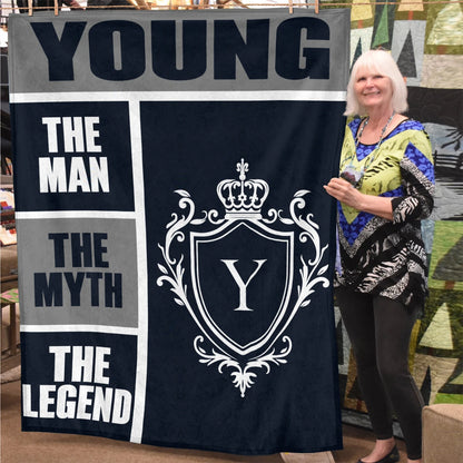The Man The Myth The Legend Navy Gray & Gold Fleece Blanket  YOUNG 13K1 BK09