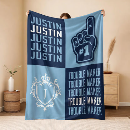 Trouble Maker Funny Blue Fleece Blanket JUSTIN 13K1 BK21