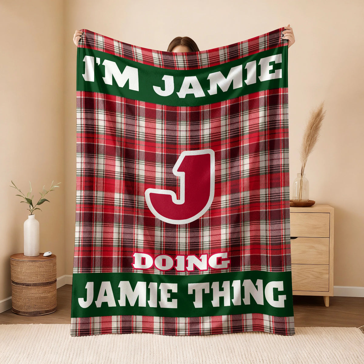 I'm Name Doing Name Things Red Plaid Fleece Blanket JAMIE 13K1 BK49