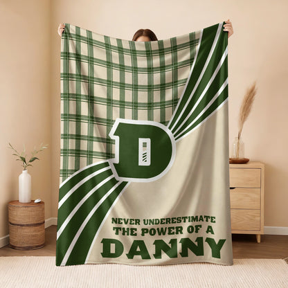 Never Underestimate Your Name Green & Cream Plaid Fleece Blanket DANNY 13K1 BK50