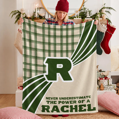 Never Underestimate Your Name Green & Cream Plaid Fleece Blanket RACHEL 13K1 BK50