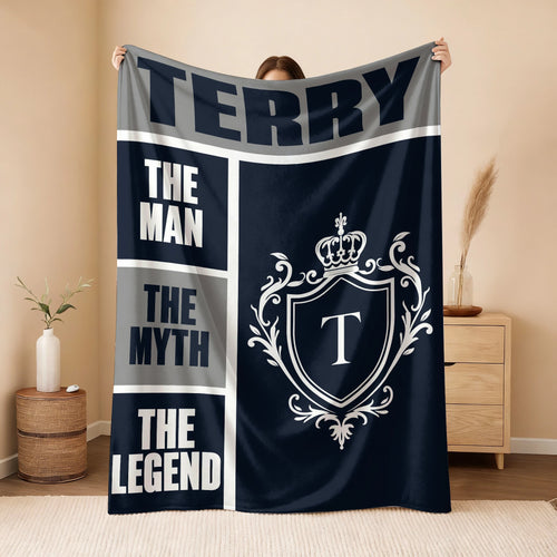 The Man The Myth The Legend Navy Gray & Gold Fleece Blanket  TERRY 13K1 BK09