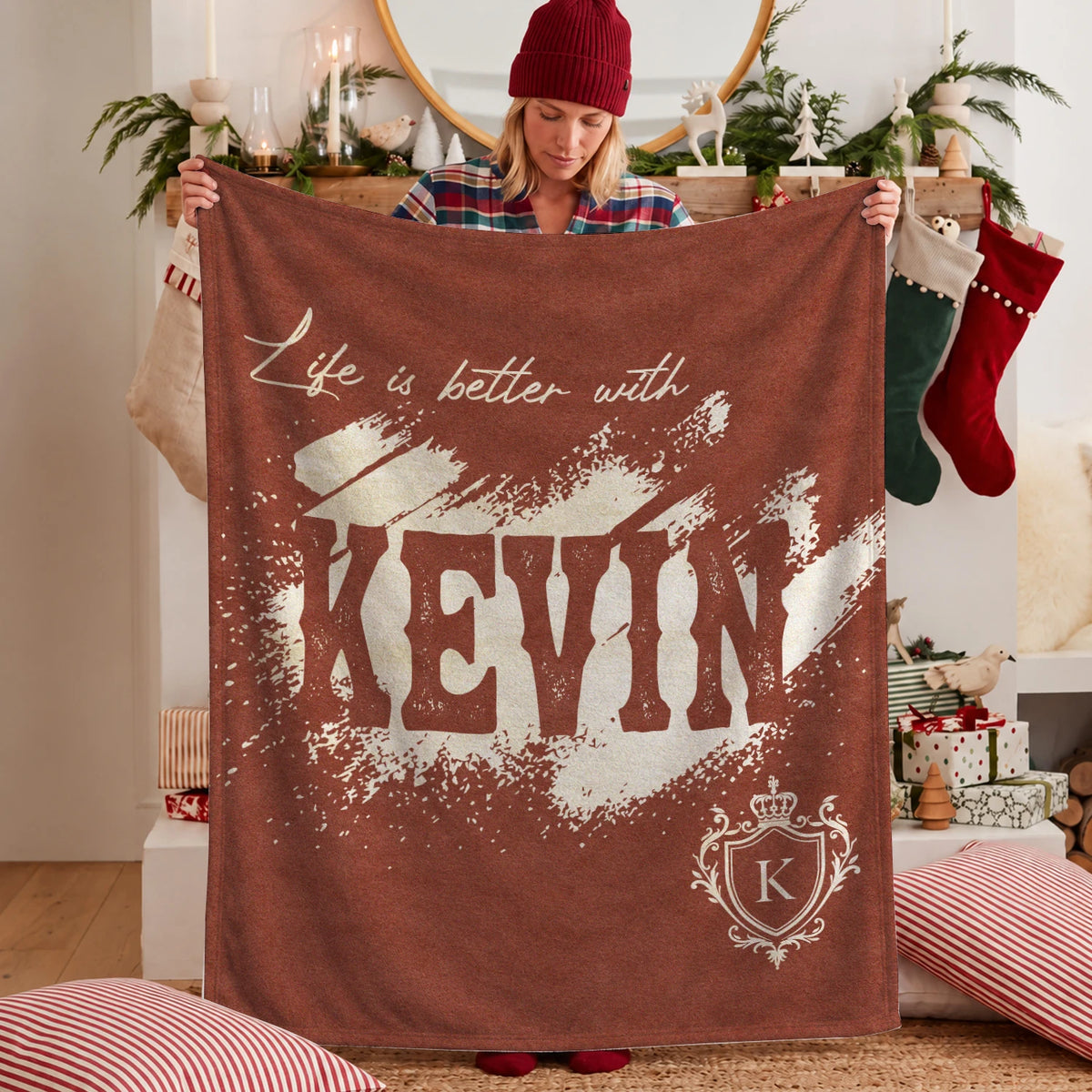 Life Is Better With Your Name Terracotta Cream Fleece Blanket KEVIN 13K1 BK30