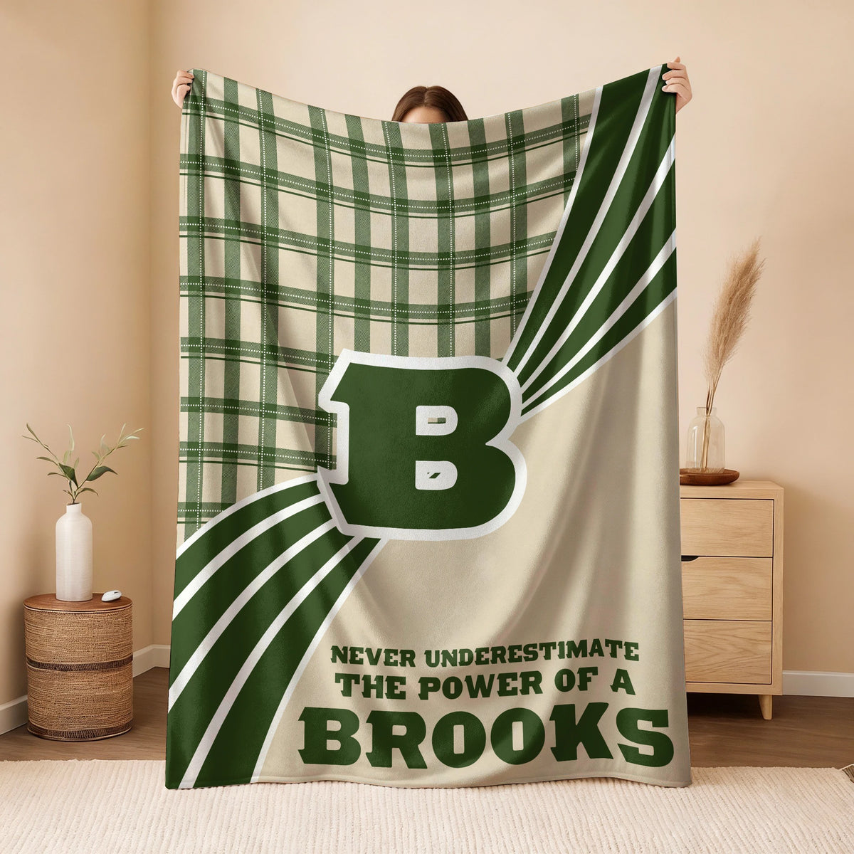 Never Underestimate Your Name Green & Cream Plaid Fleece Blanket BROOKS 13K1 BK50