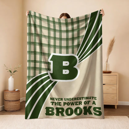 Never Underestimate Your Name Green & Cream Plaid Fleece Blanket BROOKS 13K1 BK50