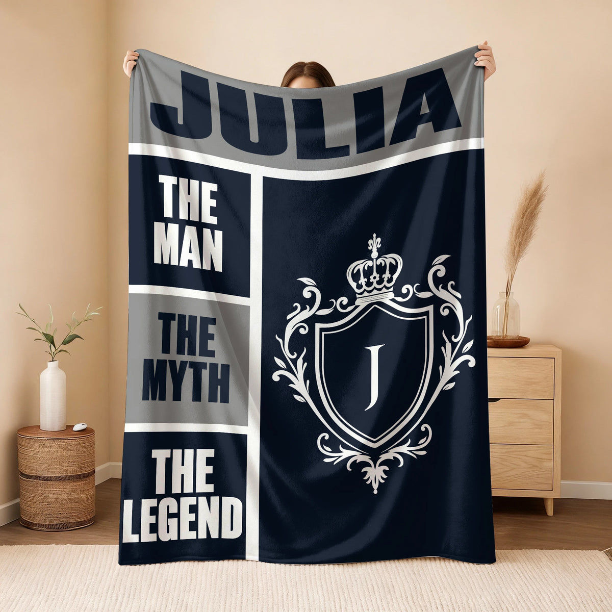 The Man The Myth The Legend Navy Gray & Gold Fleece Blanket  JULIA 13K1 BK09