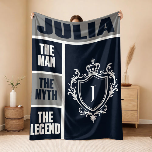 The Man The Myth The Legend Navy Gray & Gold Fleece Blanket  JULIA 13K1 BK09