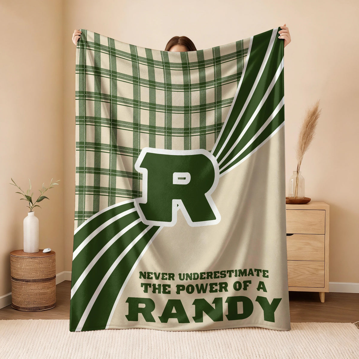 Never Underestimate Your Name Green & Cream Plaid Fleece Blanket RANDY 13K1 BK50