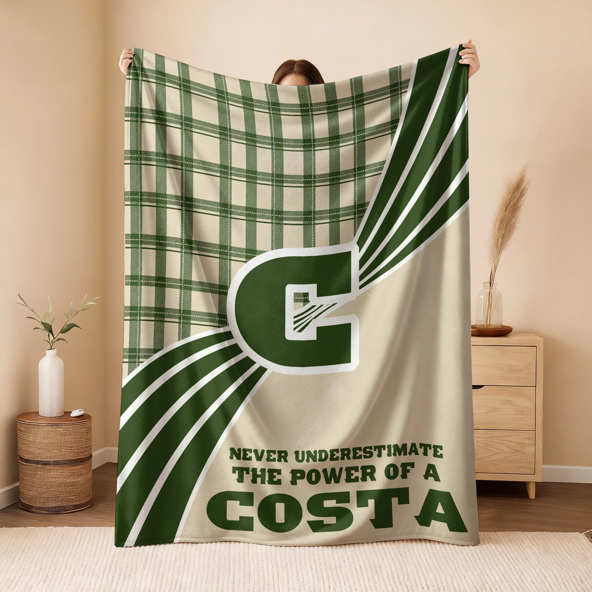 Never Underestimate Your Name Green & Cream Plaid Fleece Blanket COSTA 13K1 BK50