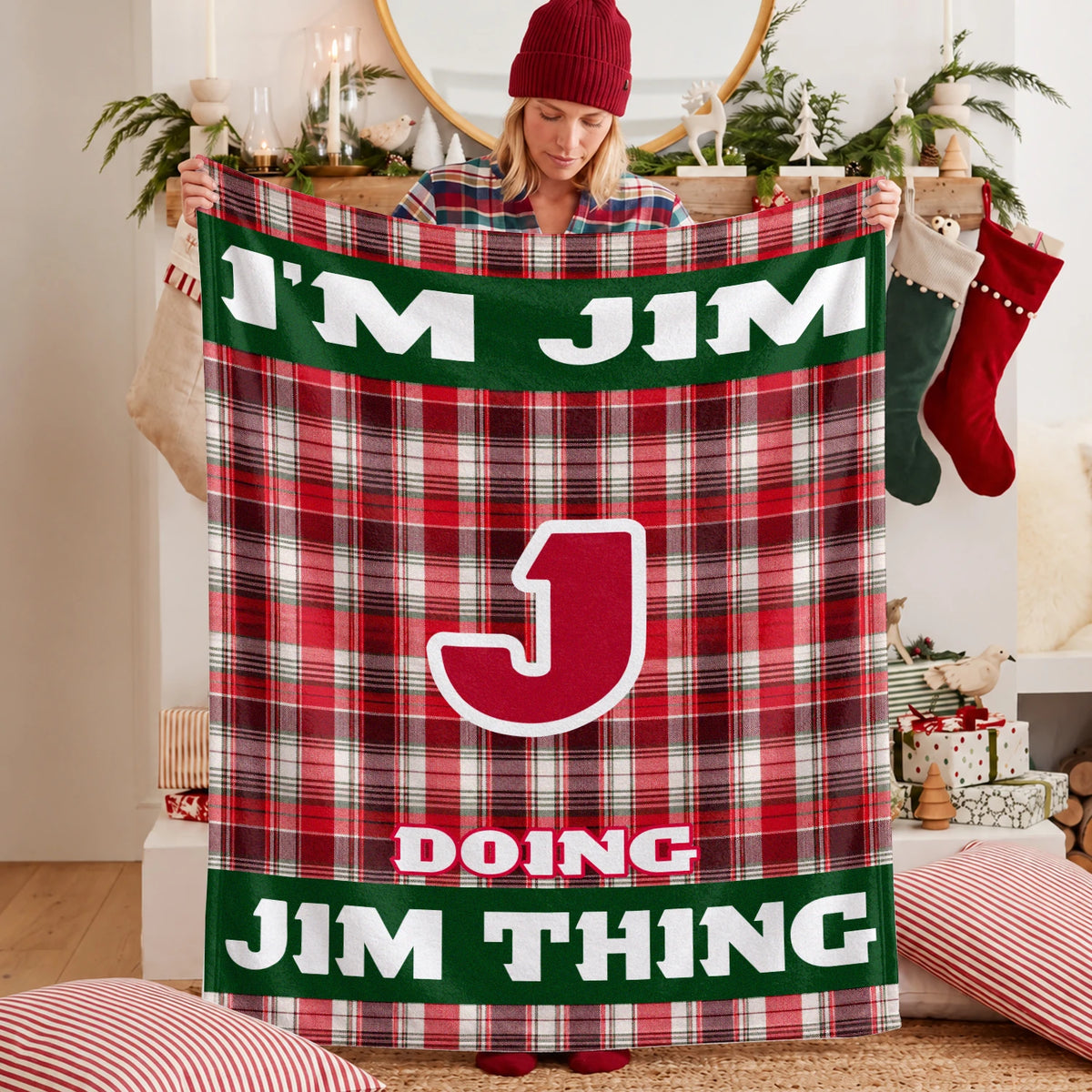 I'm Name Doing Name Things Red Plaid Fleece Blanket JIM 13K1 BK49