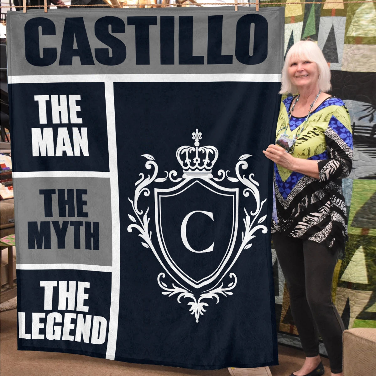 The Man The Myth The Legend Navy Gray & Gold Fleece Blanket  CASTILLO 13K1 BK09