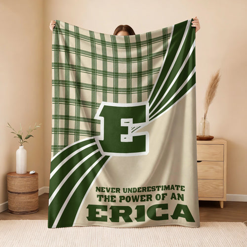 Never Underestimate Your Name Green & Cream Plaid Fleece Blanket ERICA 13K1 BK50