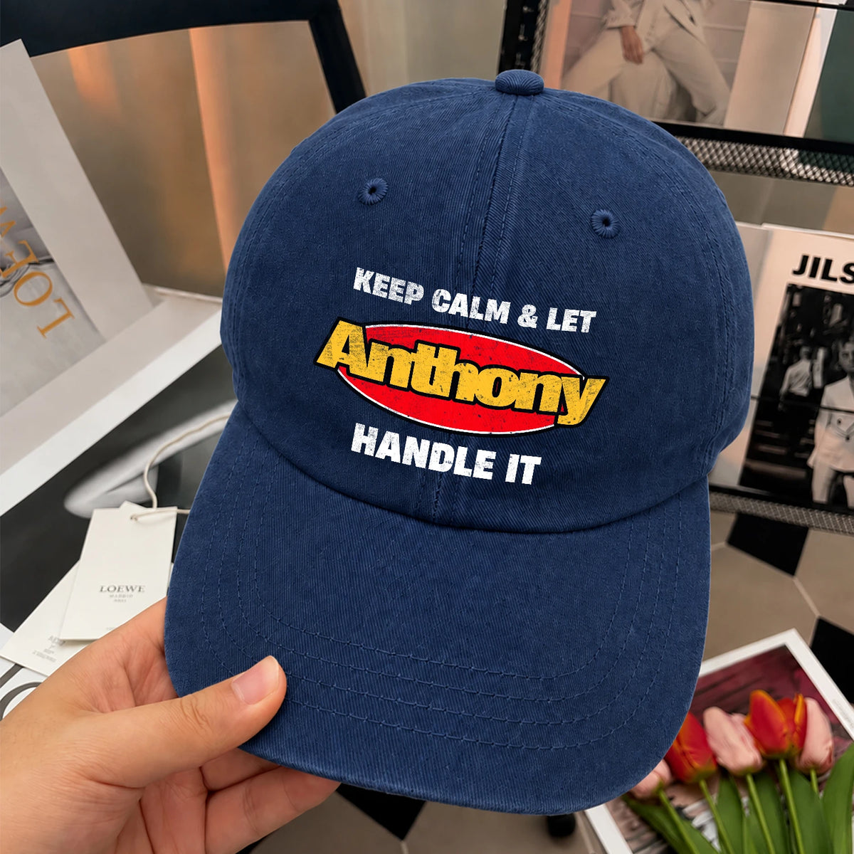 Keep Calm & Let Your Name Handle It Yellow And Red Logo Washed Cap ANTHONY 13K1 C172PF