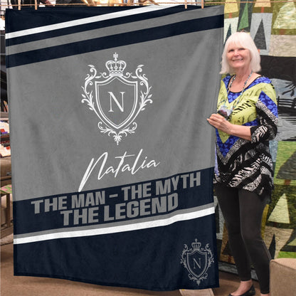 The Man The Myth The Legend Navy Gray Fleece Blanket NATALIA 13K1 BK13