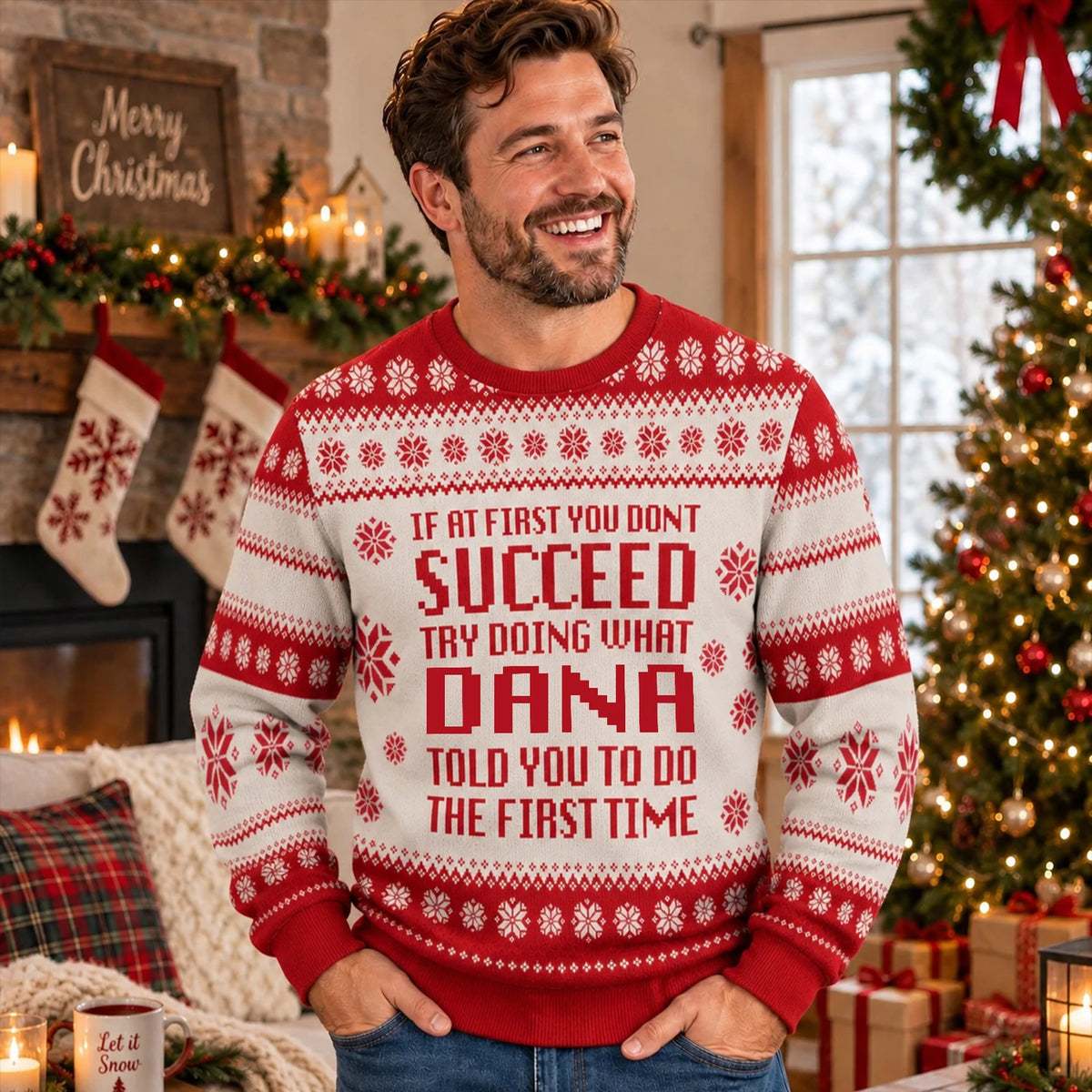 If At First You Don’t Succeed Red Cream Christmas Ugly Sweater DANA 13K1 UG08