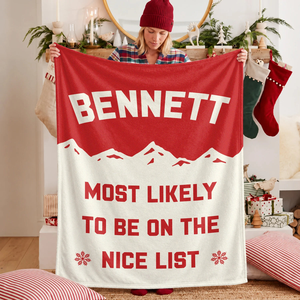 Most Likely on the Nice List Red Vintage Christmas Fleece Blanket BENNETT 13K1 BK63