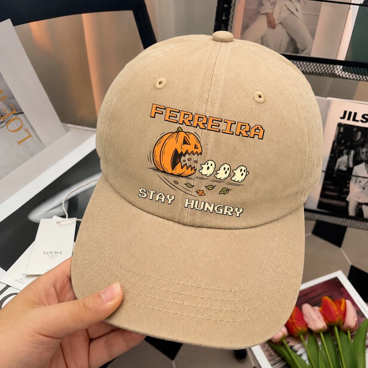 Stay Hungry Pumpkin Chasing Ghosts Funny Washed Cap FERREIRA 13K1 C101PF