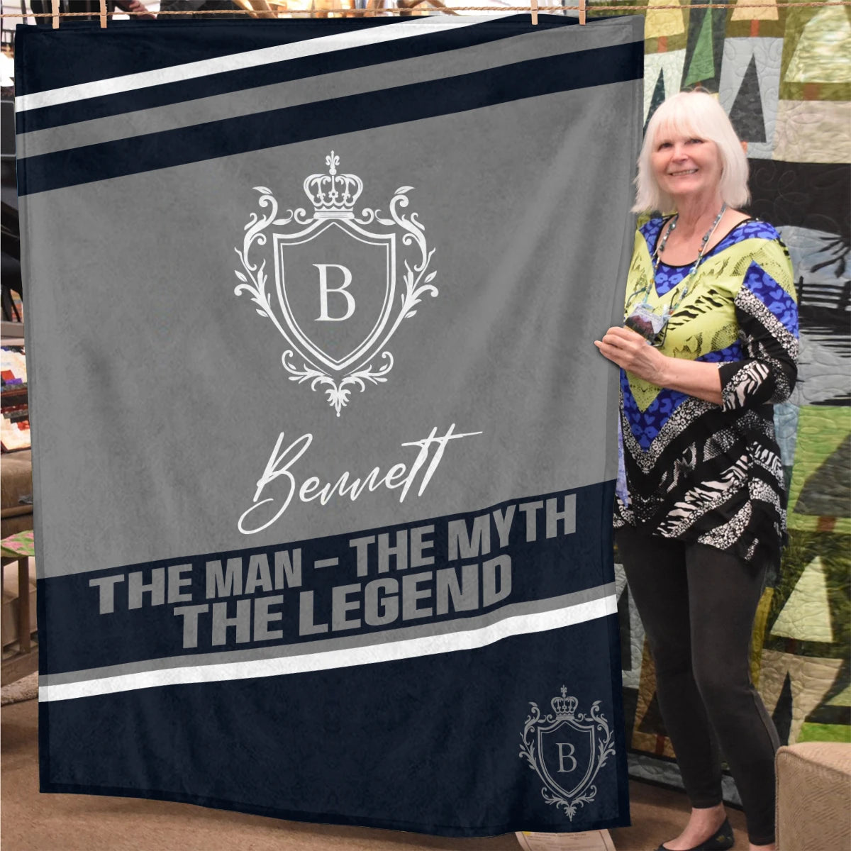 The Man The Myth The Legend Navy Gray Fleece Blanket BENNETT 13K1 BK13