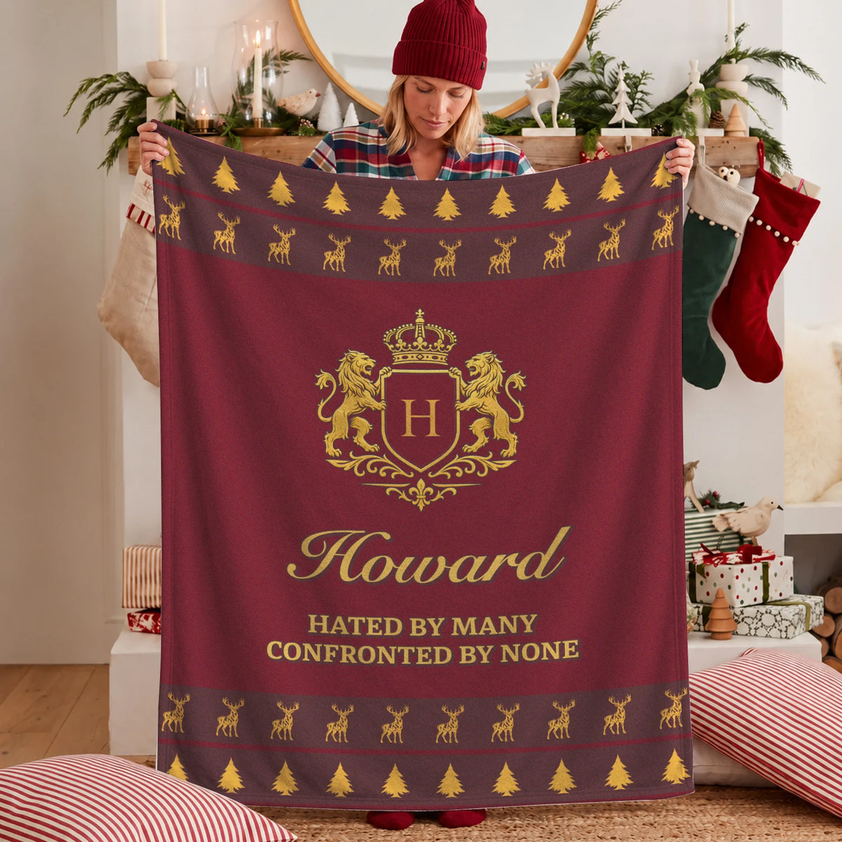Hated By Many Confronted By None Burgundy Gold Christmas Fleece Blanket HOWARD 13K1 BK33