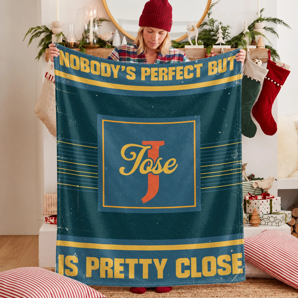 Nobody's Perfect But Your Name Is Close Vintage Blue & Brown Fleece Blanket JOSE 13K1 BK54