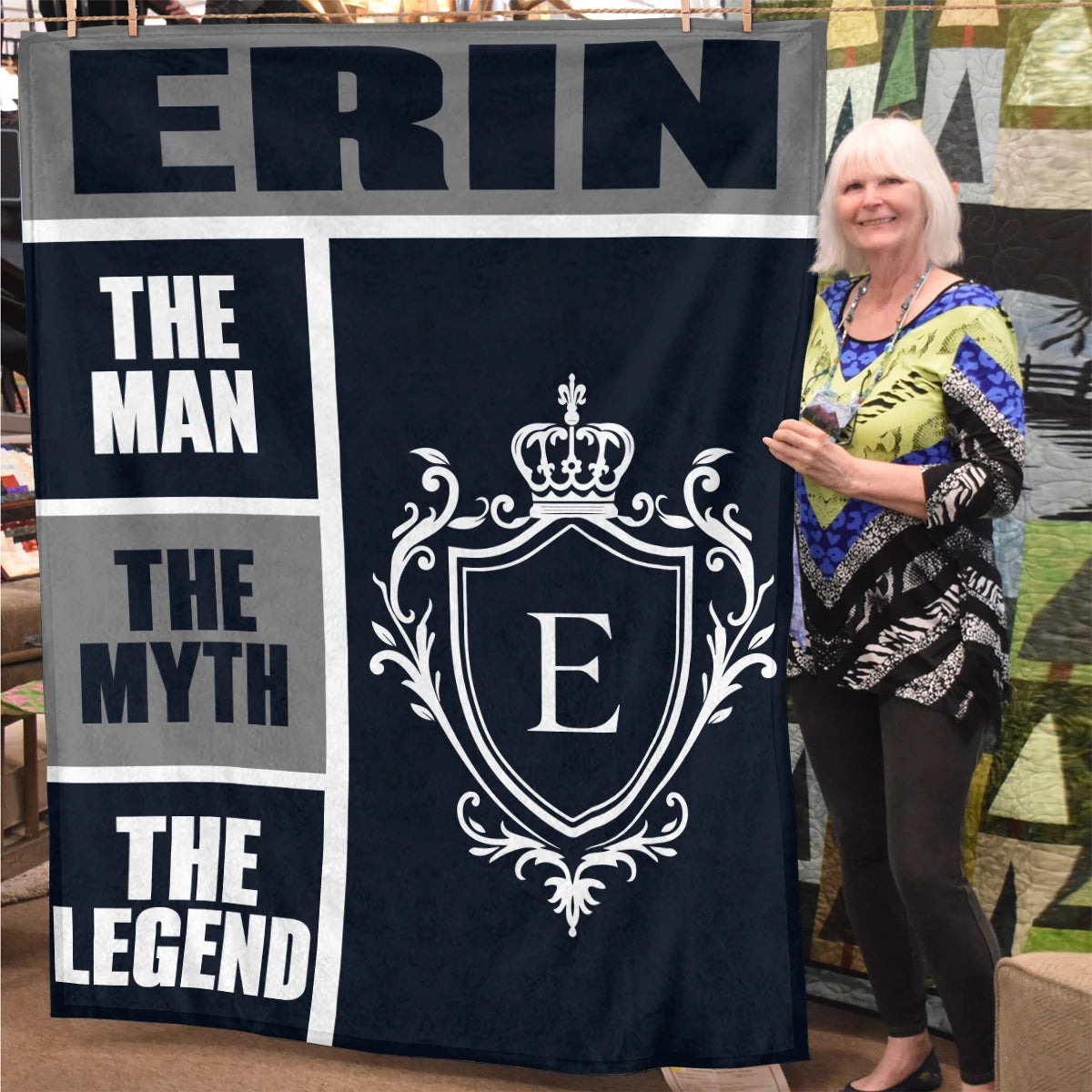 The Man The Myth The Legend Navy Gray & Gold Fleece Blanket  ERIN 13K1 BK09