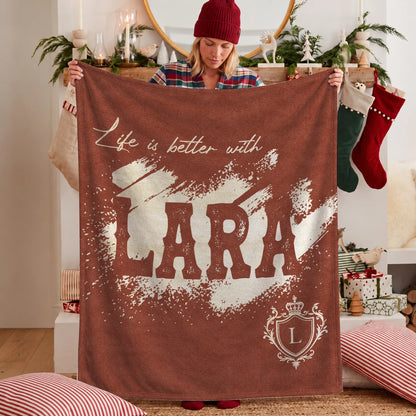 Life Is Better With Your Name Terracotta Cream Fleece Blanket LARA 13K1 BK30