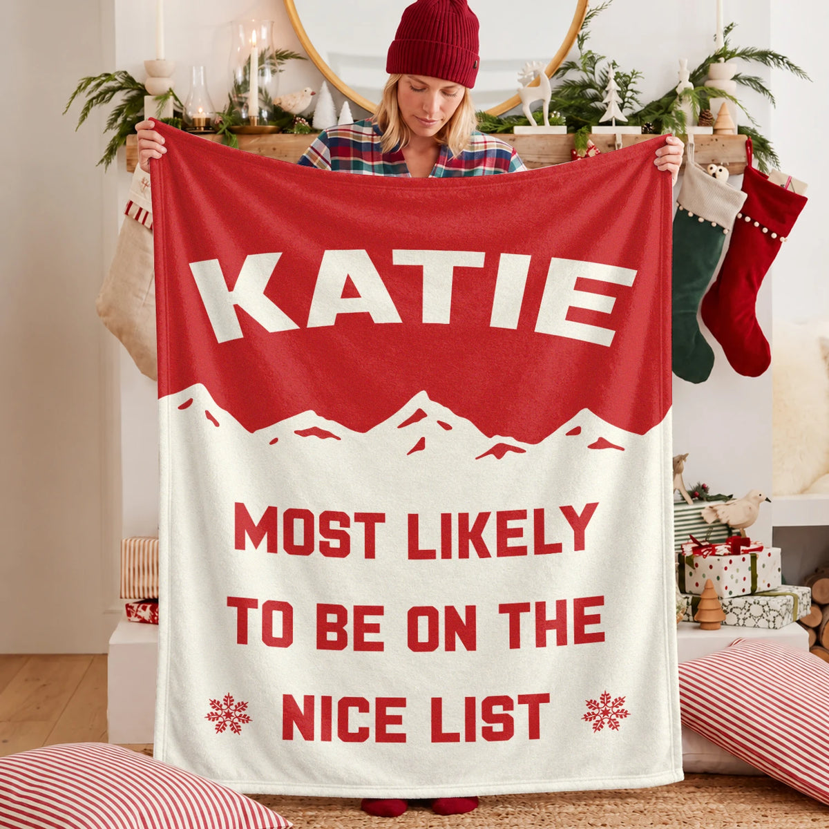 Most Likely on the Nice List Red Vintage Christmas Fleece Blanket KATIE 13K1 BK63