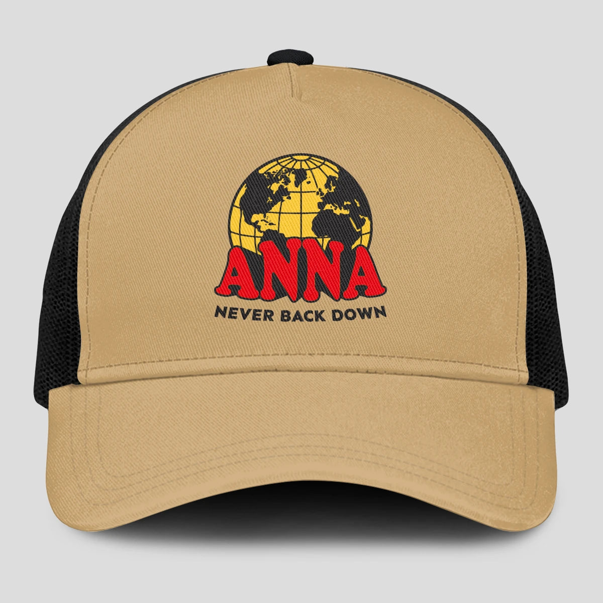Never Back Down World Logo Khaki Mesh Cap ANNA 13K1 C212PF