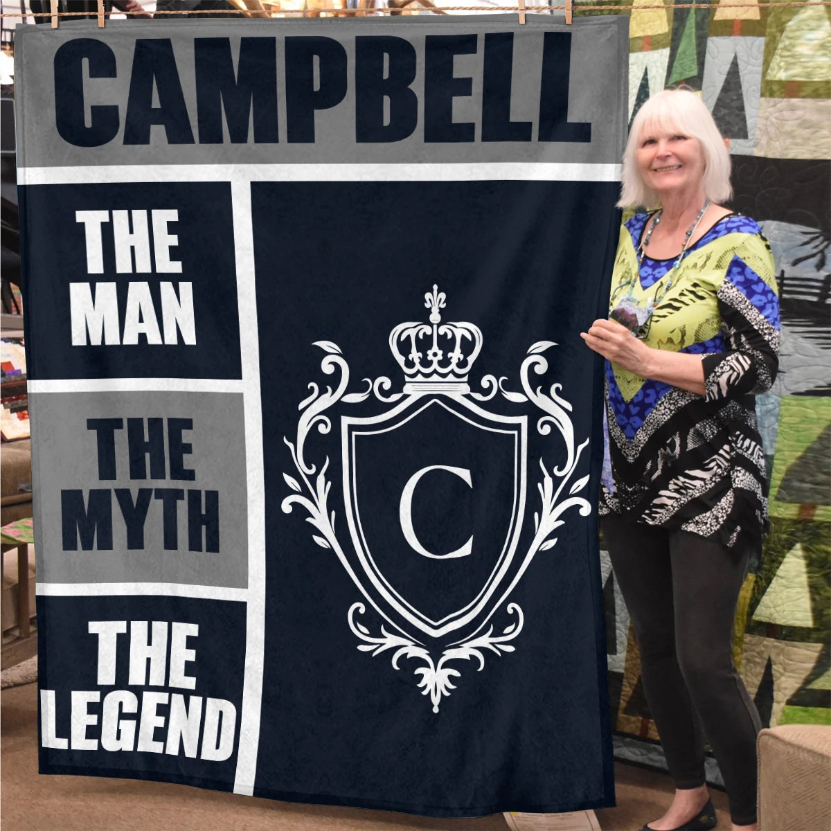 The Man The Myth The Legend Navy Gray & Gold Fleece Blanket  CAMPBELL 13K1 BK09