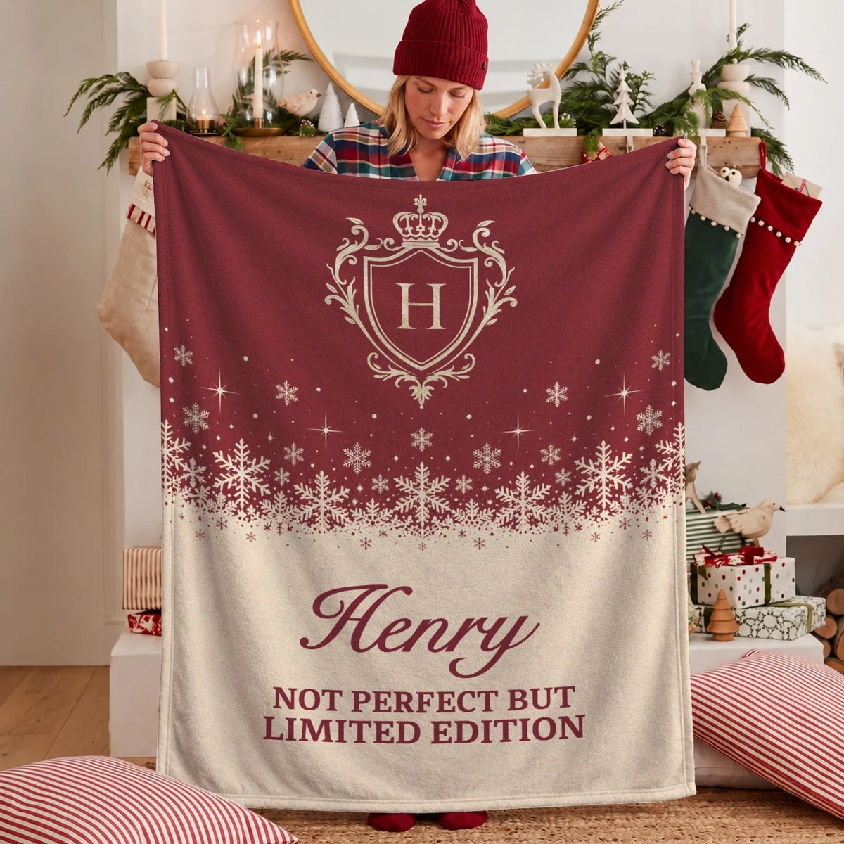 Not Perfect But Limited Edition Red Cream Christmas Fleece Blanket HENRY 13K1 BK34
