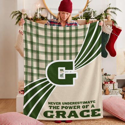 Never Underestimate Your Name Green & Cream Plaid Fleece Blanket GRACE 13K1 BK50