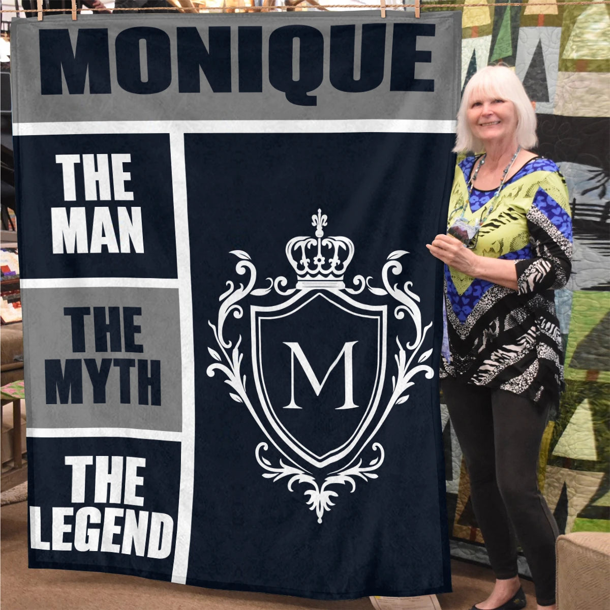 The Man The Myth The Legend Navy Gray & Gold Fleece Blanket  MONIQUE 13K1 BK09