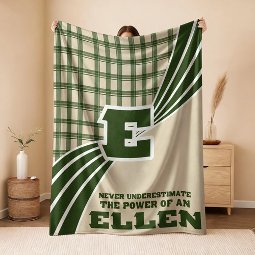 Never Underestimate Your Name Green & Cream Plaid Fleece Blanket ELLEN 13K1 BK50